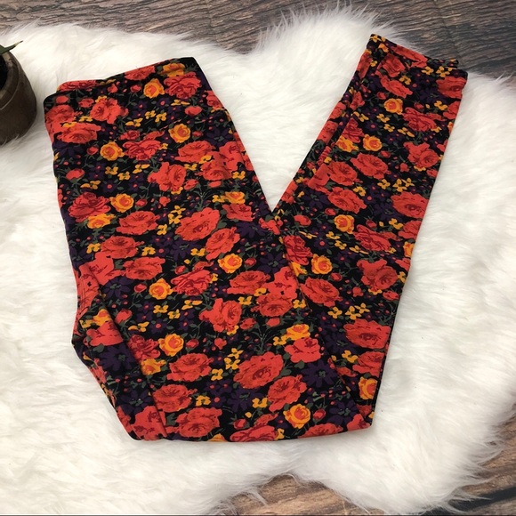 LULAROE Orange Floral Leggings - Picture 2 of 3